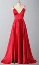 Load image into Gallery viewer, Red Satin Long Prom Dresses With Spaghetti Straps and V-neck P542