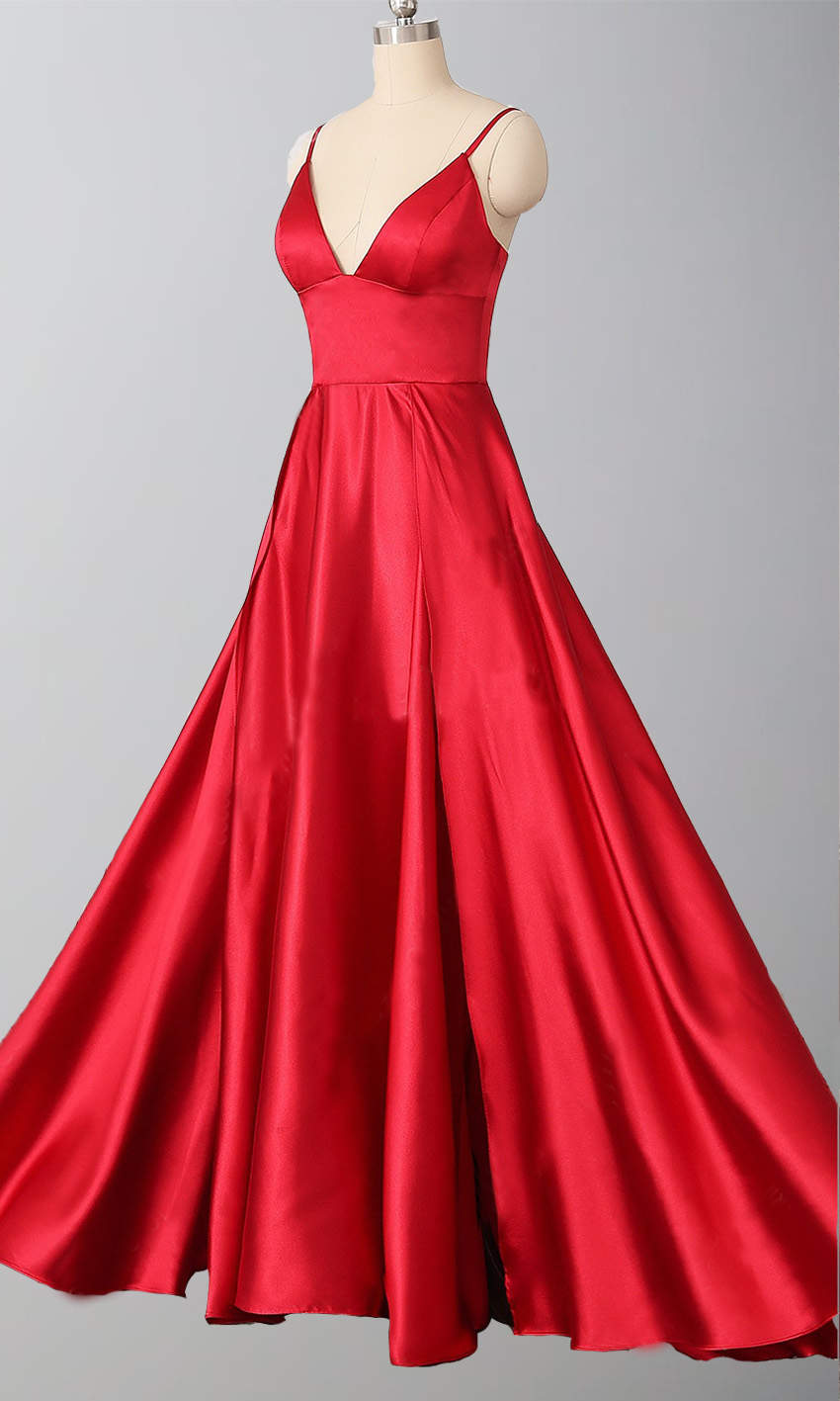 Red Satin Long Prom Dresses With Spaghetti Straps and V-neck P542 - promboutiqueonline