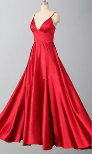 Red Satin Long Prom Dresses With Spaghetti Straps and V-neck P542