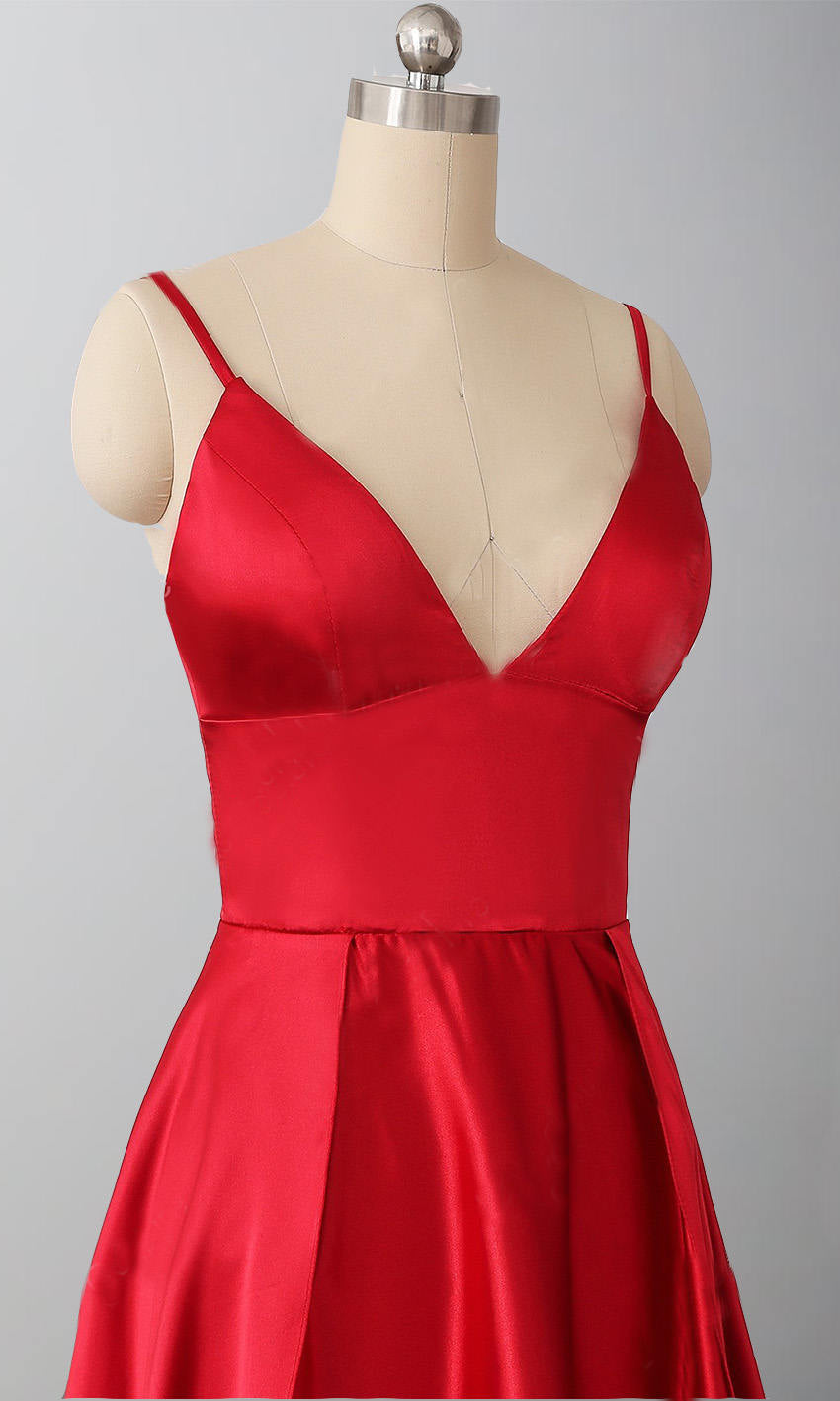 Red Satin Long Prom Dresses With Spaghetti Straps and V-neck P542 - promboutiqueonline
