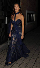 Load image into Gallery viewer, Blue Jewel Tone Long Twinkling Lace Fishtail Prom Evening Dress P543