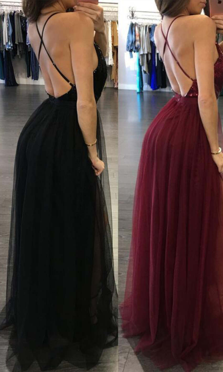 Metallic Long Backless Strappy Prom Dresses With Spaghetti Straps P548 - promboutiqueonline