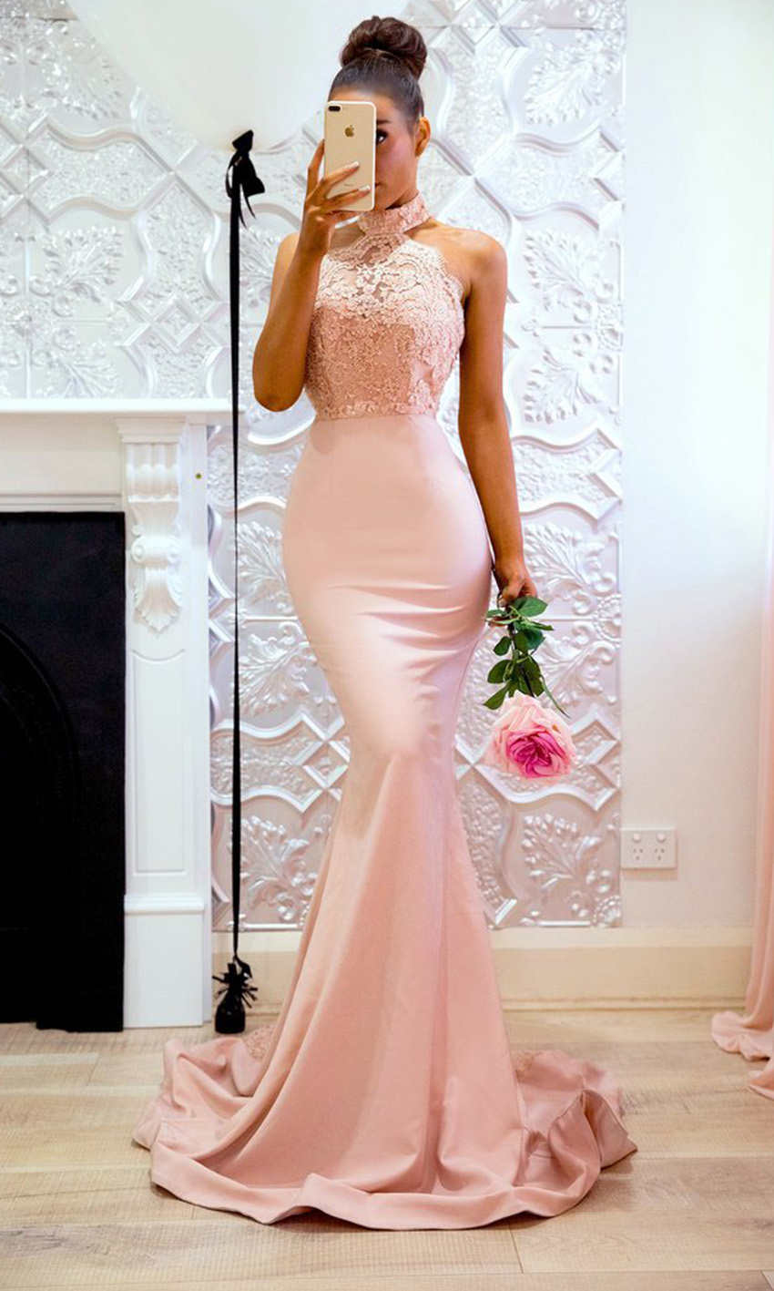 Halter Rose Lace Long Mermaid Bridesmaid Dresses With Lace Train Back P551 - promboutiqueonline