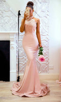 Halter Rose Lace Long Mermaid Bridesmaid Dresses With Lace Train Back P551 - promboutiqueonline