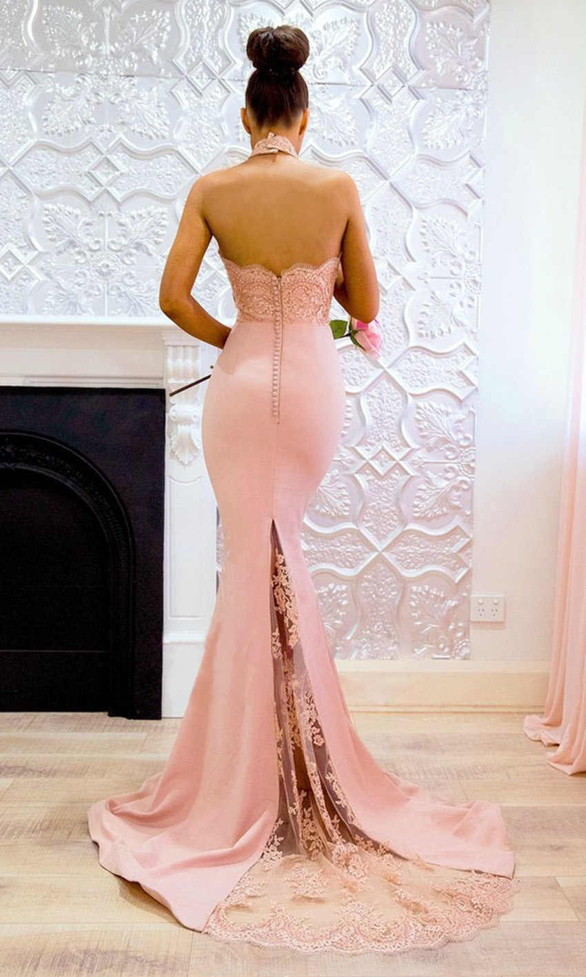 Halter Rose Lace Long Mermaid Bridesmaid Dresses With Lace Train Back P551 - promboutiqueonline