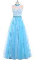 Tiffany Blue and White Lace and Tulle Beaded Halter Long Prom Dress P552 - promboutiqueonline