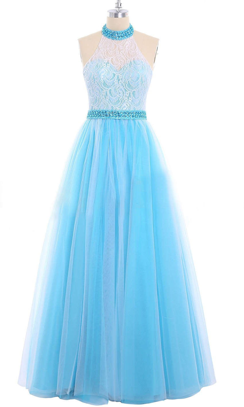 Tiffany Blue and White Lace and Tulle Beaded Halter Long Prom Dress P552 - promboutiqueonline
