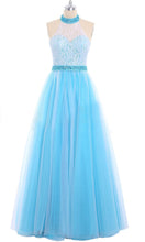 Load image into Gallery viewer, Tiffany Blue and White Lace and Tulle Beaded Halter Long Prom Dress P552