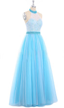 Load image into Gallery viewer, Tiffany Blue and White Lace and Tulle Beaded Halter Long Prom Dress P552