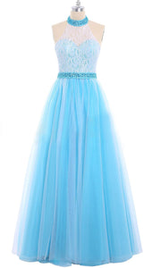 Tiffany Blue and White Lace and Tulle Beaded Halter Long Prom Dress P552