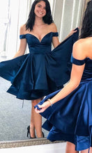 Load image into Gallery viewer, Navy Blue Sweetheart Short Tiered Prom Dresses Tie Up Back with off Shoulder Short Sleeves P557
