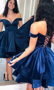 Navy Blue Sweetheart Short Tiered Prom Dresses Tie Up Back with off Shoulder Short Sleeves P557