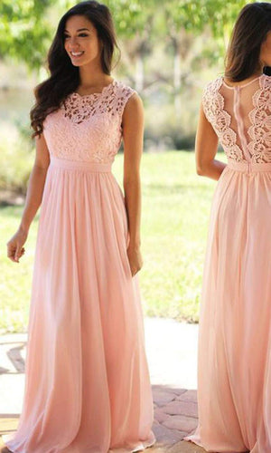 Long Pink Lace Prom Dresses with Sheer Jewel neckline P560