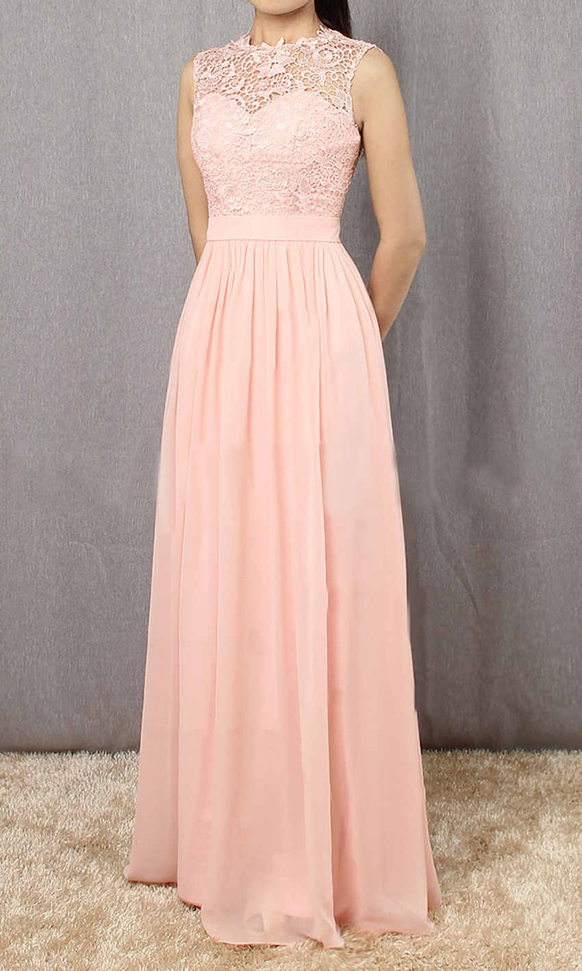 Long Pink Lace Prom Dresses with Sheer Jewel neckline P560 - promboutiqueonline