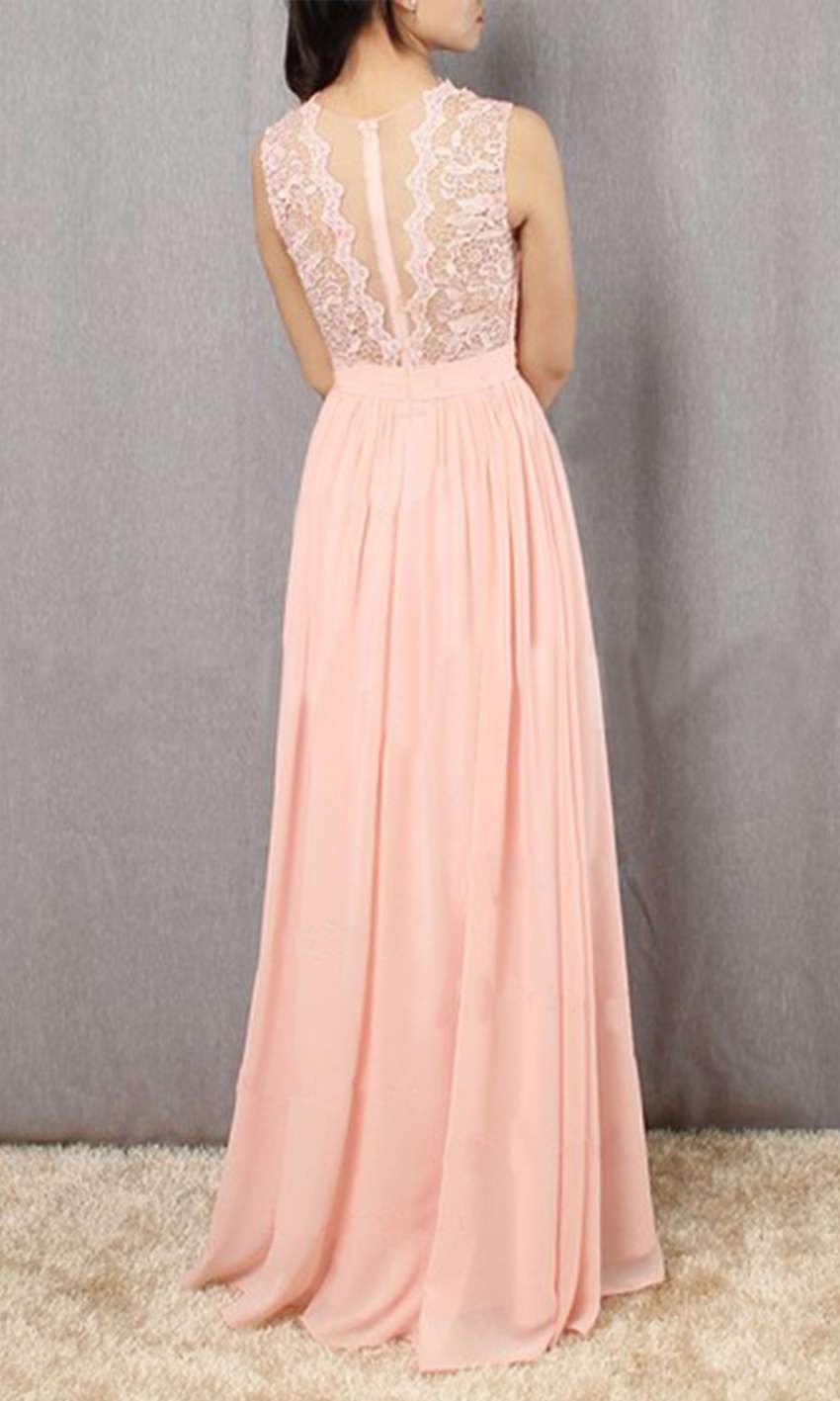 Long Pink Lace Prom Dresses with Sheer Jewel neckline P560 - promboutiqueonline