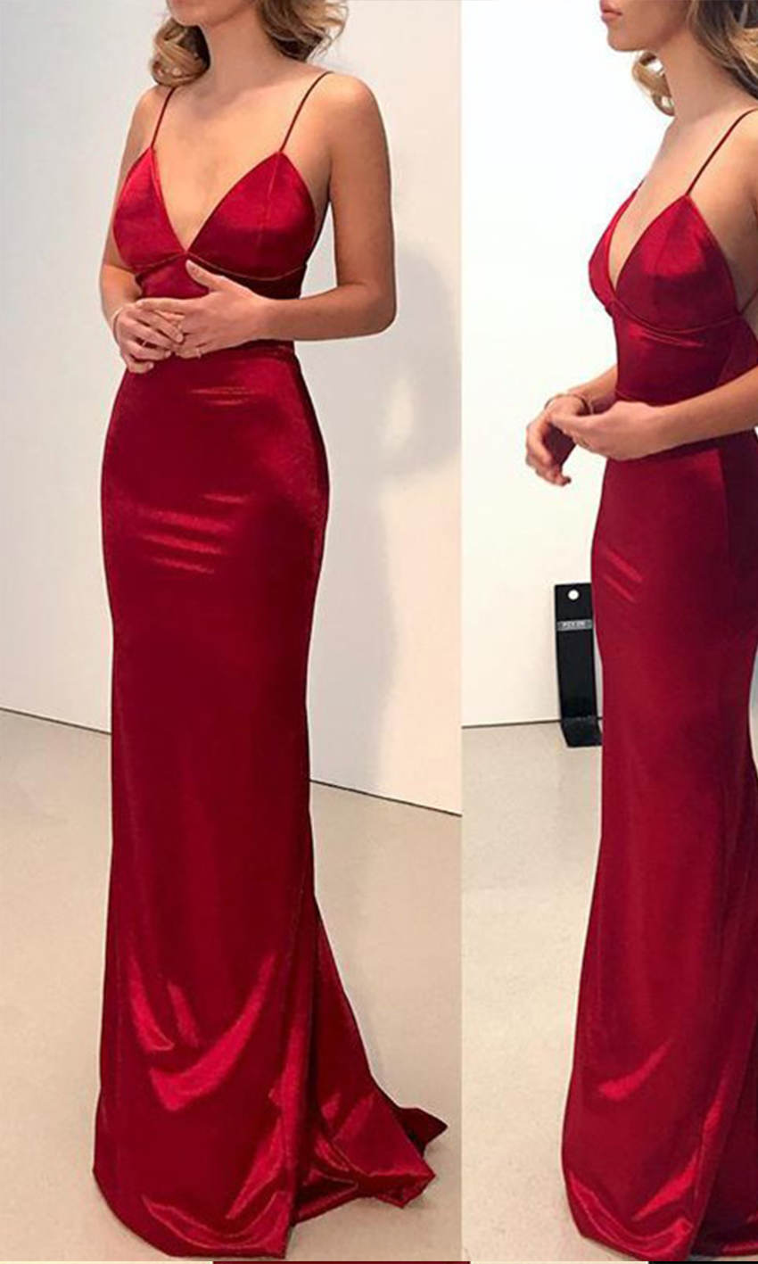 Fitted Wine Sateen Long Spaghetti Prom Party Dresses With Open Back - promboutiqueonline
