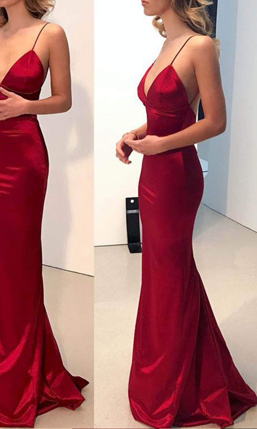 Fitted Wine Sateen Long Spaghetti Prom Party Dresses With Open Back - promboutiqueonline