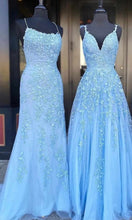 Load image into Gallery viewer, Long Applique Embellished Blue Mermaid Prom Dresses P579