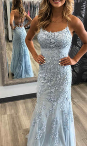 Long Applique Embellished Blue Mermaid Prom Dresses P579