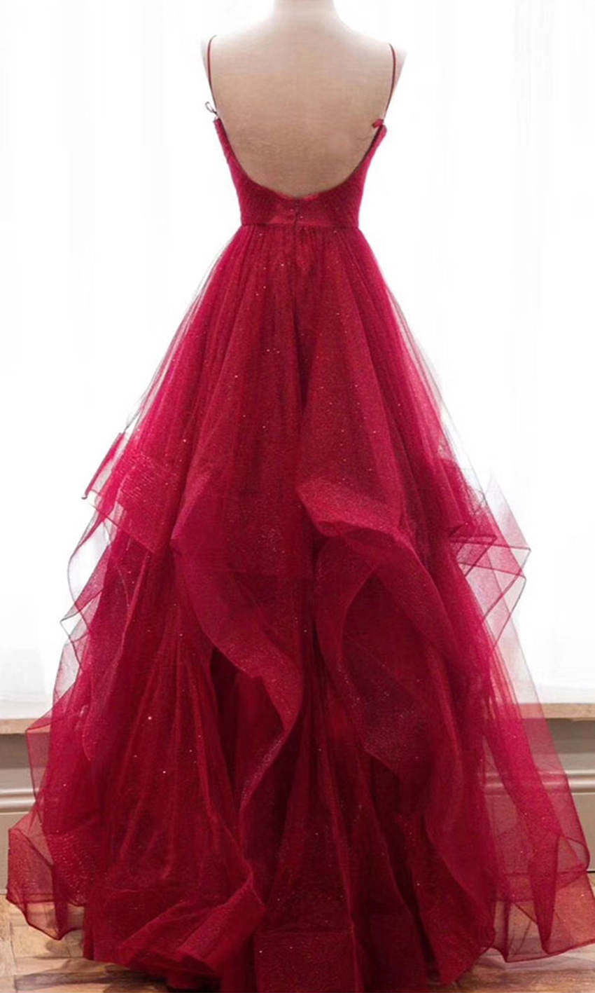 Red Shimmer Prom Gowns with Spaghetti Straps P580 - promboutiqueonline