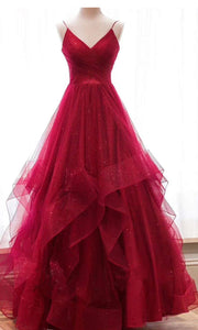 Red Shimmer Prom Gowns with Spaghetti Straps P580