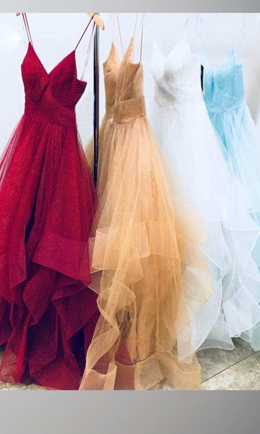 Red Shimmer Prom Gowns with Spaghetti Straps P580 - promboutiqueonline