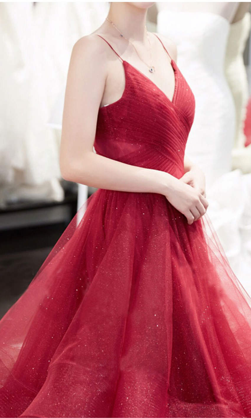 Red Shimmer Prom Gowns with Spaghetti Straps P580 - promboutiqueonline