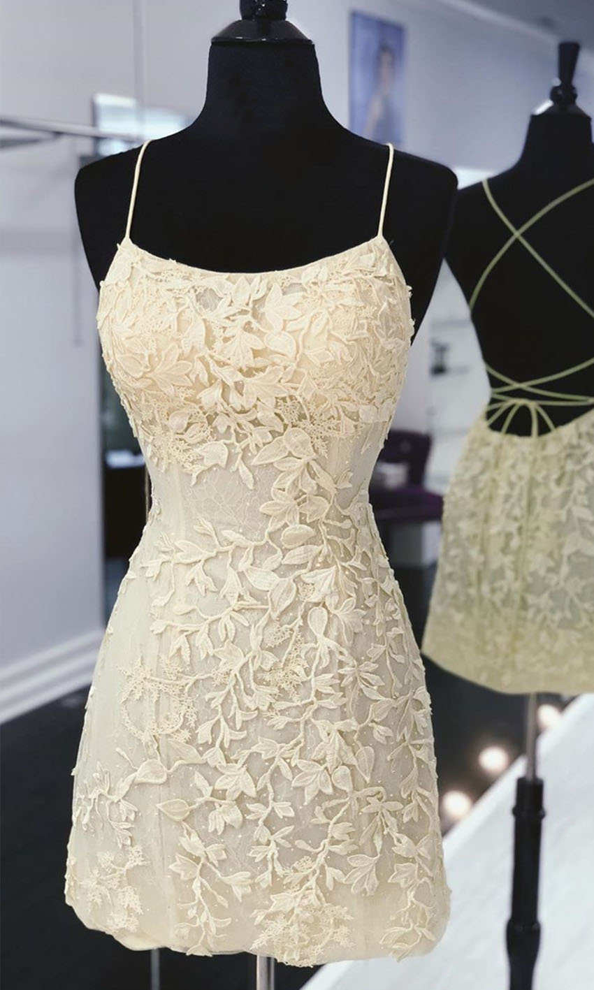 Embellished Short Yellow Cocktail Prom Dresses String Back P581 - promboutiqueonline