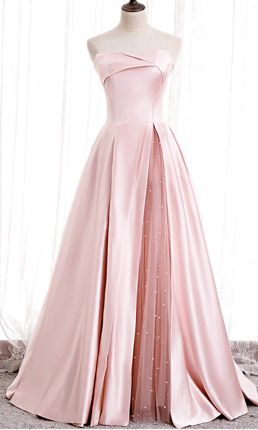 Pink Tulle and Satin Patchwork Strapless Prom Gowns