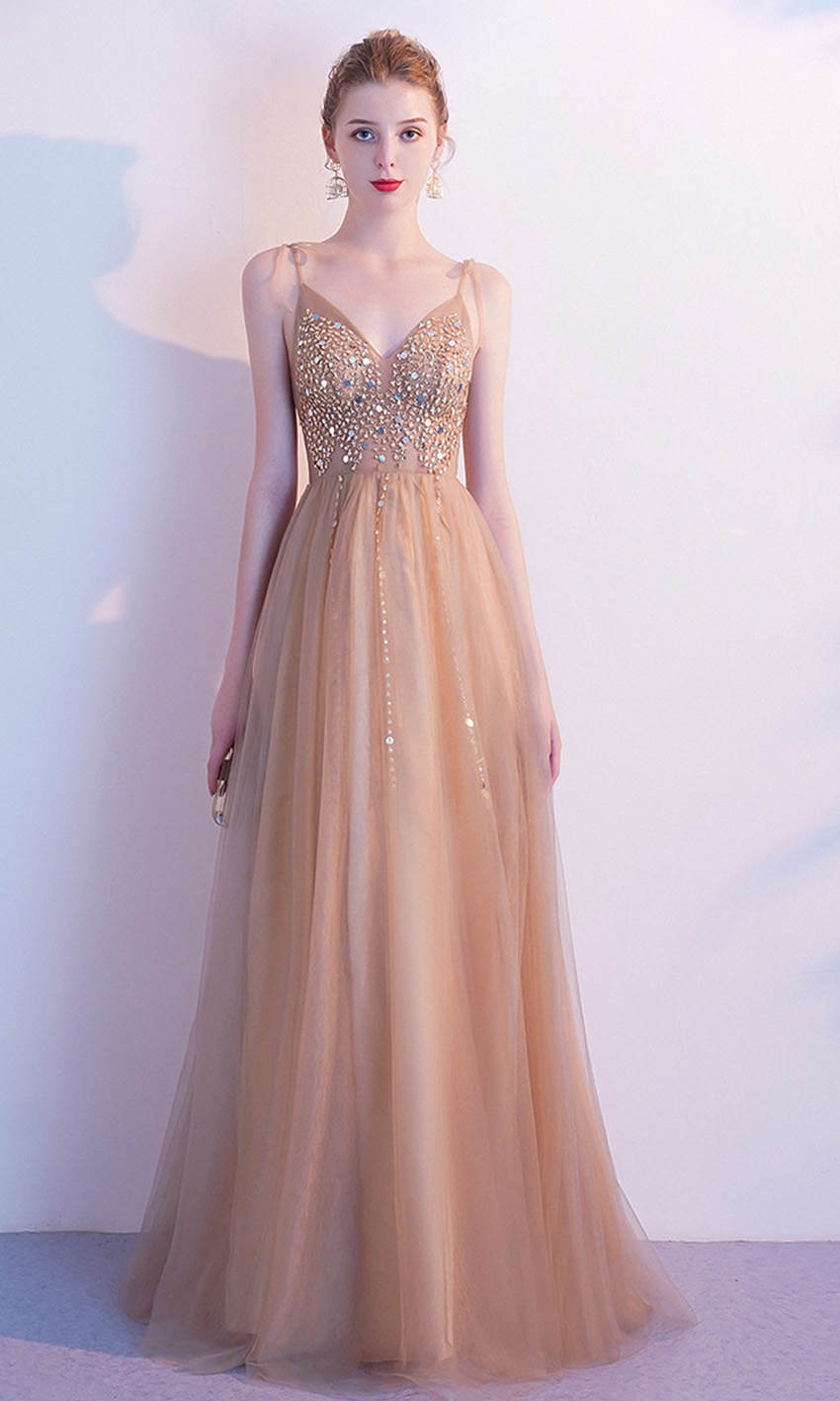 Embellished Gold Champagne Ball Dresses with Knotted Up Spaghetti Straps P583 - promboutiqueonline