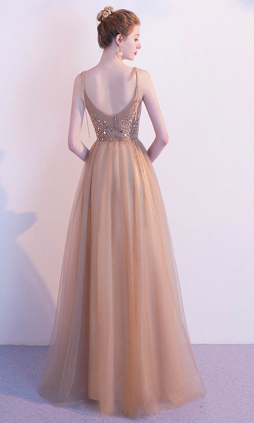 Embellished Gold Champagne Ball Dresses with Knotted Up Spaghetti Straps P583 - promboutiqueonline