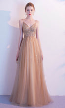 Load image into Gallery viewer, Embellished Gold Champagne Ball Dresses with Knotted Up Spaghetti Straps P583
