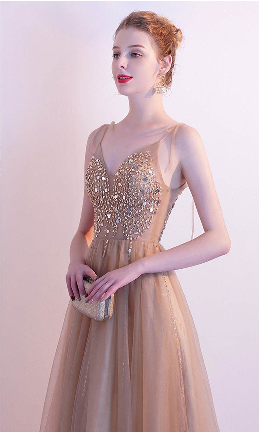 Embellished Gold Champagne Ball Dresses with Knotted Up Spaghetti Straps P583 - promboutiqueonline