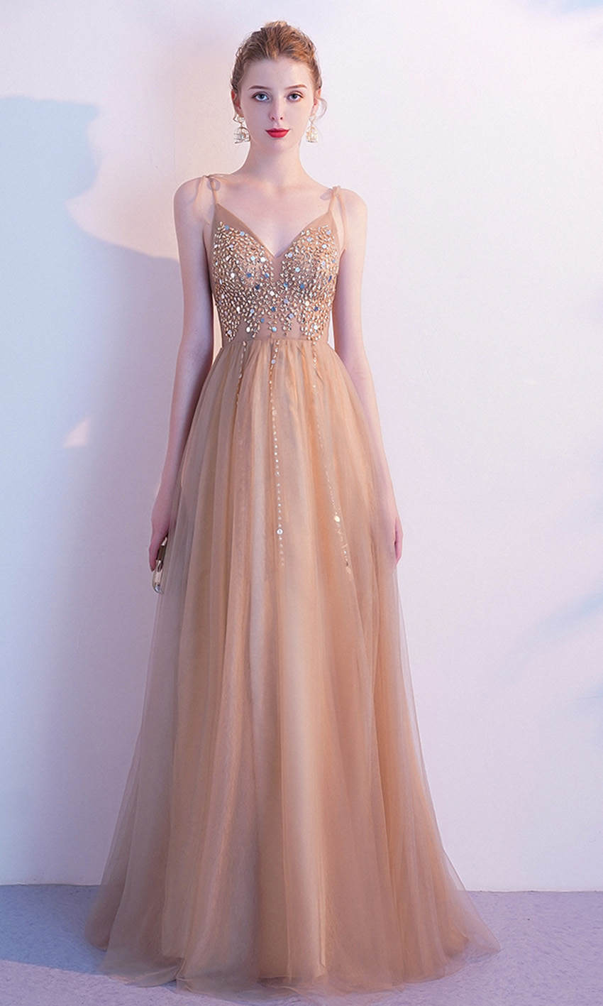 Embellished Gold Champagne Ball Dresses with Knotted Up Spaghetti Straps P583