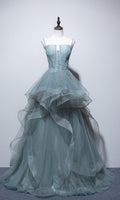 Mist Blue Long Applique Sheer Tulle Bustier Prom Gown Dresses Lace Up Back P592 - promboutiqueonline
