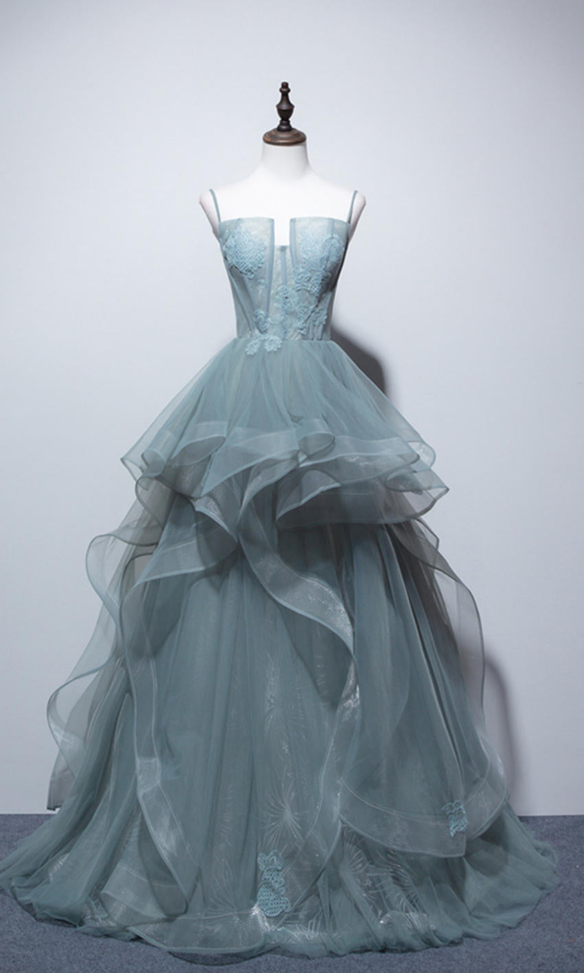 Mist Blue Long Applique Sheer Tulle Bustier Prom Gown
