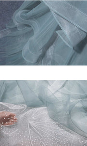 Mist Blue Long Applique Sheer Tulle Bustier Prom Gown Dresses Lace Up Back P592