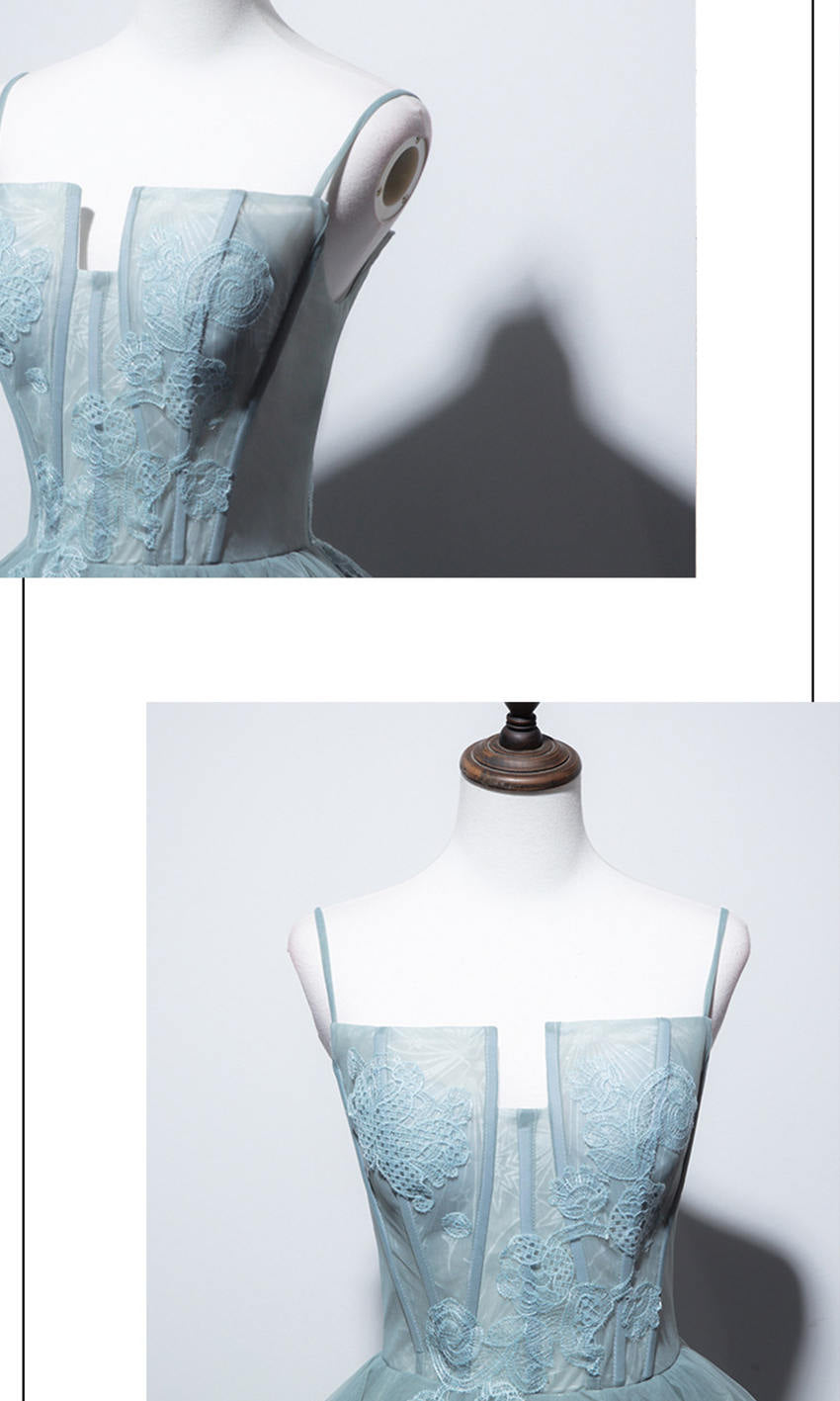 Mist Blue Long Applique Sheer Tulle Bustier Prom Gown Dresses Lace Up Back P592 - promboutiqueonline