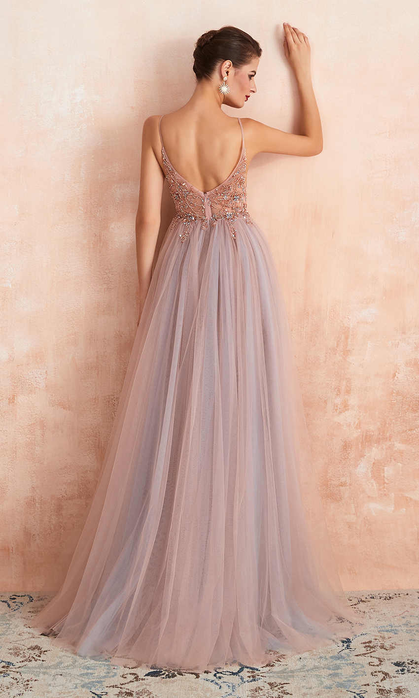 Dusty Blue Beaded See Through Long Slit Prom Dresses with Spaghetti Straps - promboutiqueonline