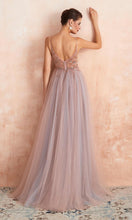 Load image into Gallery viewer, Dusty Blue Beaded See Through Long Slit Prom Dresses with Spaghetti Straps