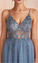 Load image into Gallery viewer, Dusty Blue Beaded See Through Long Slit Prom Dresses with Spaghetti Straps