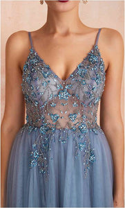 Dusty Blue Beaded See Through Long Slit Prom Dresses with Spaghetti Straps