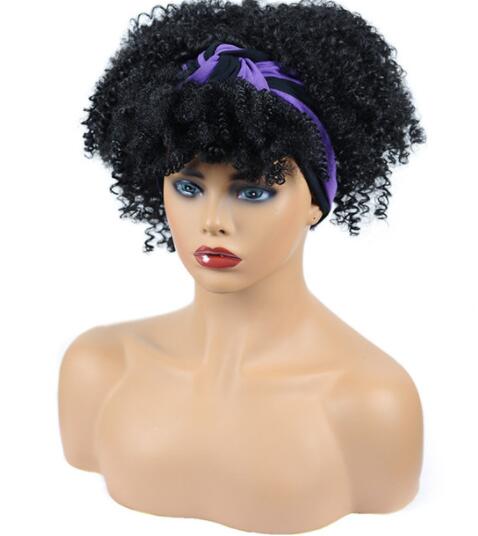 Afro Puff Kinky Curly Synthetic Short Headband Wigs with Turban Wrap For Black Women Heat Resistent - promboutiqueonline