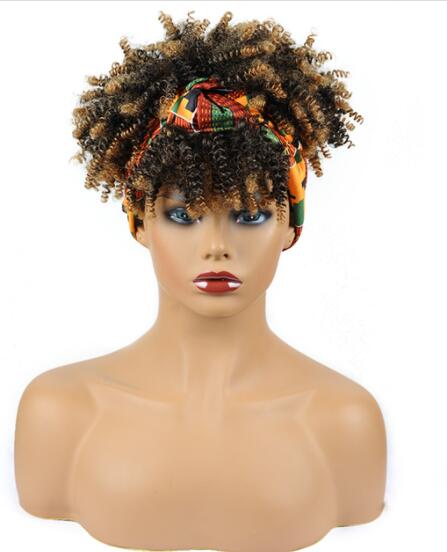 Afro Puff Kinky Curly Synthetic Short Headband Wigs with Turban Wrap For Black Women Heat Resistent - promboutiqueonline