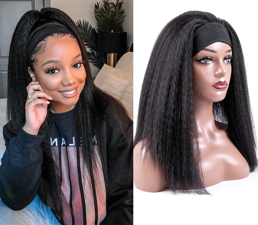 Afro Style Glueless Synthetic Headband Wigs Yaki Kinky Straight For Black Women 4color Available - promboutiqueonline