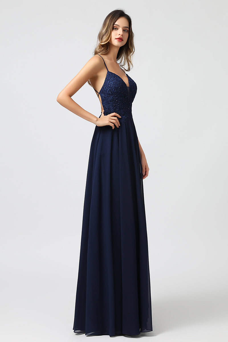 Dark Blue Strappy Prom Dress with Appliqué and String Back