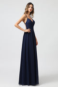 Dark Blue Appliqued Strappy Prom Dresses Long with String Back - promboutiqueonline
