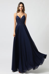 Dark Blue Appliqued Strappy Prom Dresses Long with String Back