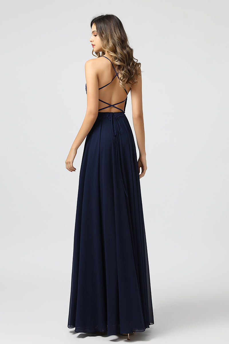 Dark Blue Strappy Prom Dress with Appliqué and String Back