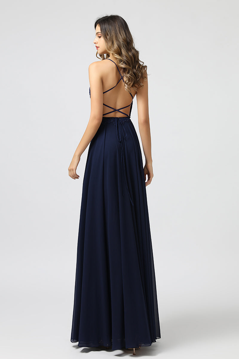 Dark Blue Appliqued Strappy Backless Prom Dresses